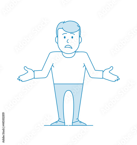 Character is a disgruntled man shrugs and spreads his hands in confusion.