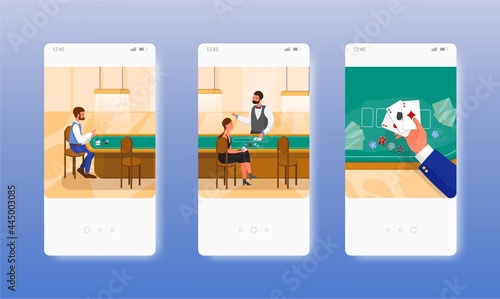 People playing poker game. Casino gambling. Mobile app screens, vector website banner template. UI, web site design.