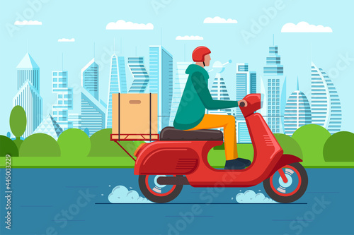Fast intercity delivery service courier on motor scooter. Express logistic male on red moped delivering orders parcel box on modern cityscape road. Goods or food carrying vector eps illustration