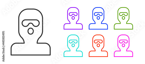 Black line Thief mask icon isolated on white background. Bandit mask, criminal man. Set icons colorful. Vector