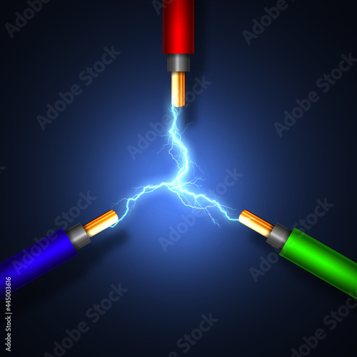 A powerful electrical discharge between three multi-colored bare wires, against a dark background. 