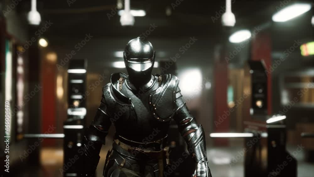 Ancient metal armored knight in metro subway Ancient metal armored knight in metro subway