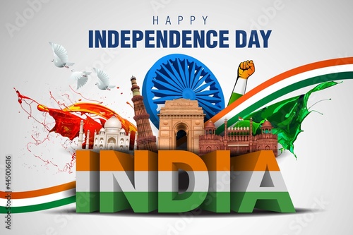 Indian happy Independence Day celebrations with stylish 3d India, flying pigeon, text and Ashoka Wheel.