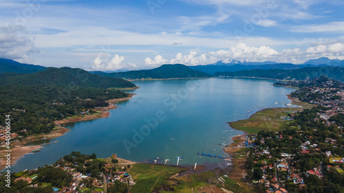 Aerial landscape of the magical town of Valle Bravo  State of Mexico  where the lake and the town are distinguished between the mountains