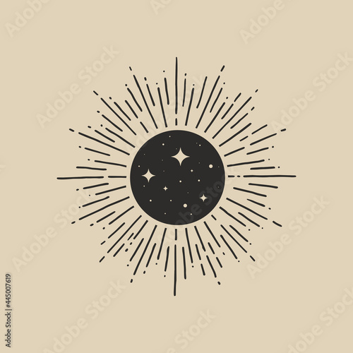 Mystical composition with a magic circle and rays on a light background. Astrological sign in a trendy linear minimalist style. Abstract esoteric symbol in boho style.