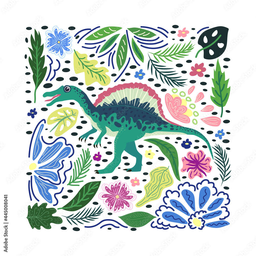 Spinosaurus emerald, prehistoric dinosaurs collection. Ancient animals. Hand drawn. In a frame of flowers and leave