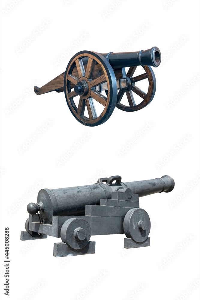 Two ancient iron cannons on wheels isolated on white background