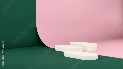 3d render image broken white podium with dark green wall and pink paper background for product display advertisement.
