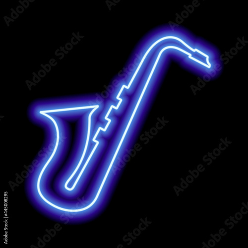 Neon saxophone on a black background. Blue contour.