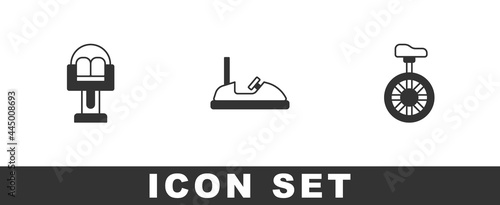 Set Attraction carousel, Bumper and Unicycle or one wheel bicycle icon. Vector