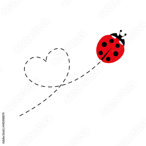 Cute ladybird with dotted line route. Cartoon ladybug flying in heart shape. Vector illustration isolated on white	
