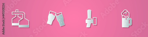 Set paper cut Beer brewing process, Glass of beer, tap and Wooden mug icon. Paper art style. Vector