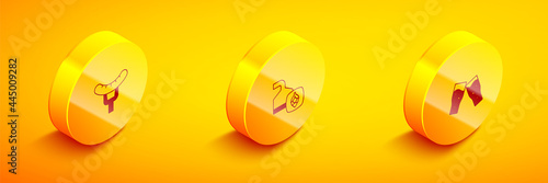 Set Isometric Sausage on the fork, Beer brewing process and Glass of beer icon. Vector