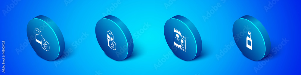 Set Isometric Beer brewing process, can, bottle and Glass of beer icon. Vector Set Isometric Beer brewing process, can, bottle and Glass of beer icon. Vector