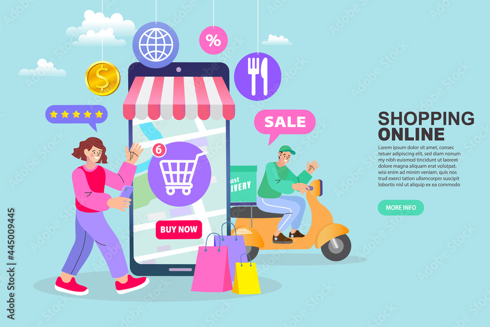 Shopping online. Consumer View, Choose and Buy Fashion Items on Ecommerce Marketplace on Computer Screen Concept. Woman happy with shopping on laptop. Digital marketing. Vector illustration. Shopping online. Consumer View, Choose and Buy Fashion Items on Ecommerce Marketplace on Computer Screen Concept. Woman happy with shopping on laptop. Digital marketing. Vector illustration.