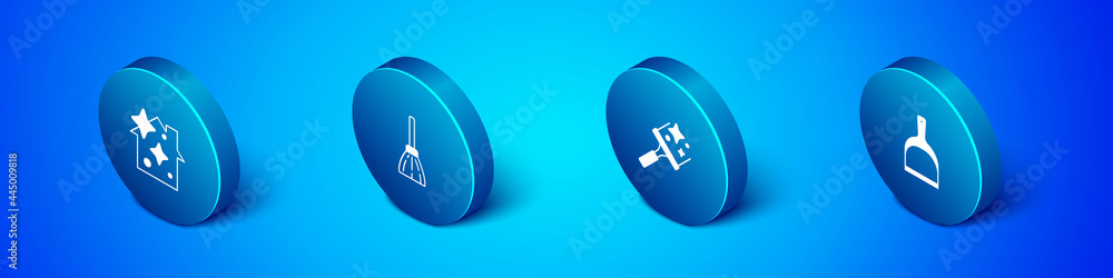 Set Isometric Home cleaning service, Rubber cleaner for windows, Dustpan and Handle broom icon. Vector Set Isometric Home cleaning service, Rubber cleaner for windows, Dustpan and Handle broom icon. Vector