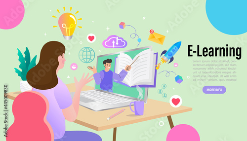 Webinar and online education. Distance learning, recorded classes, video tutorial metaphors. online educational. Home education, remote university graduation. e-learning and podcast. Vector flat. 