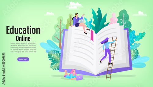 Online library. People reading books. Online book store, library and education flat concept. literacy day banner. Back to school. College and university concept vector illustration.