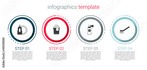Set Dishwashing liquid bottle, Bucket with foam, Air freshener spray and Brush for cleaning. Business infographic template. Vector