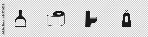 Set Dustpan, Toilet paper roll, bowl and Dishwashing liquid bottle icon. Vector
