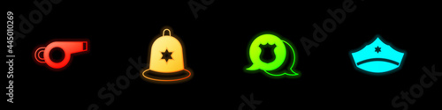 Set Whistle, British police helmet, Police badge and cap with cockade icon. Vector