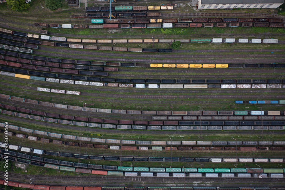 Fototapeta premium aerial view on cargo trains from drone