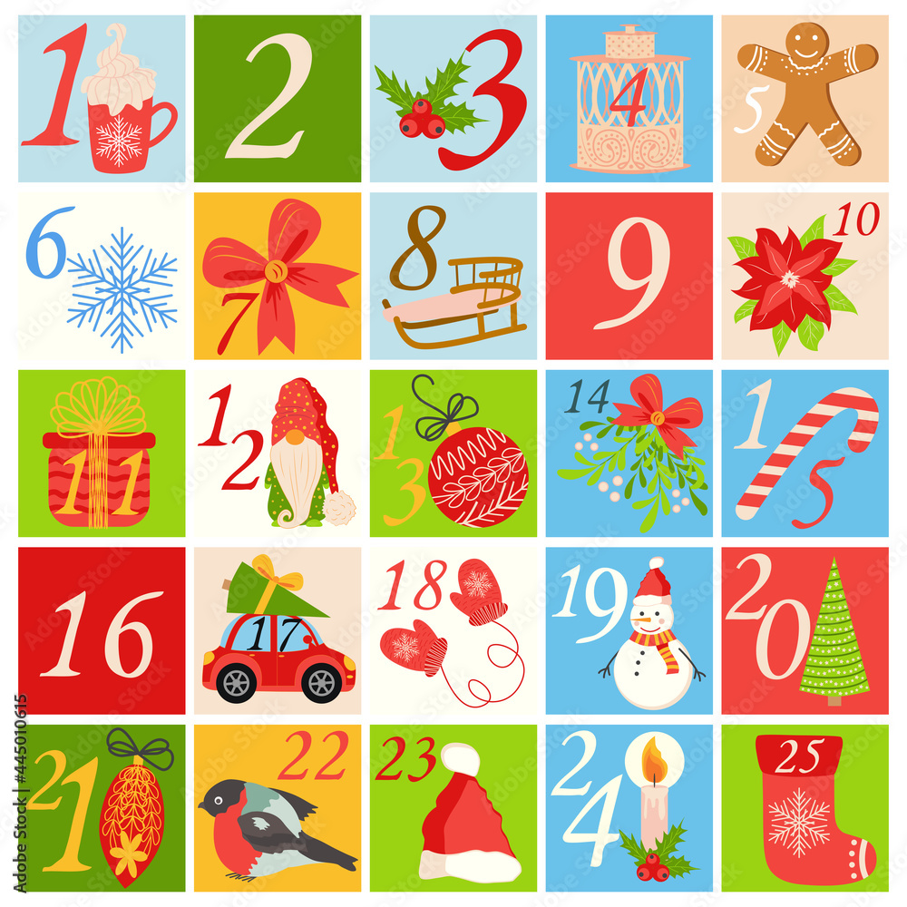 Countdown calendar to Christmas with cartoon characters and symbols. Birds, Gnome, Santa Claus hat, gift, postcard, animals, sweets, mitten, socks