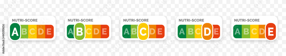 Nutri-score icons set. Isolatad Nutriscore stickers for packaging on white background. Food rating system signs : A, B, C, D, E. Vector illustration. - obrazy, fototapety, plakaty 