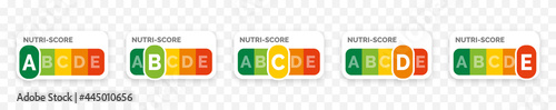 Nutri-score icons set. Isolatad Nutriscore stickers for packaging on white background. Food rating system signs : A, B, C, D, E. Vector illustration.