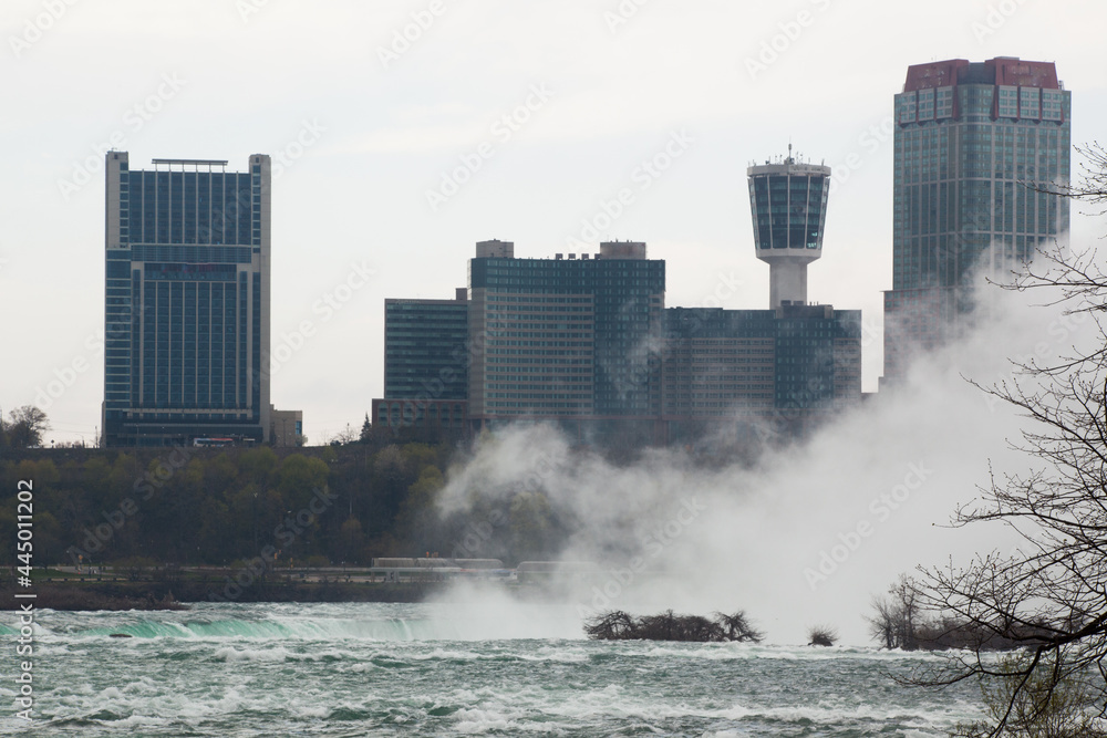 Looking through the mist of Niagara Falls into Canada