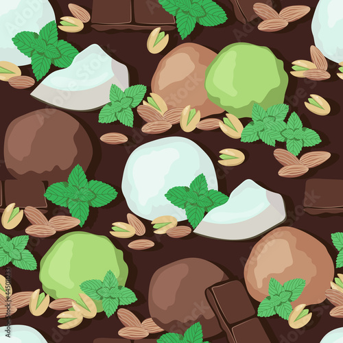 Ice cream with nuts. Vector seamless pattern.