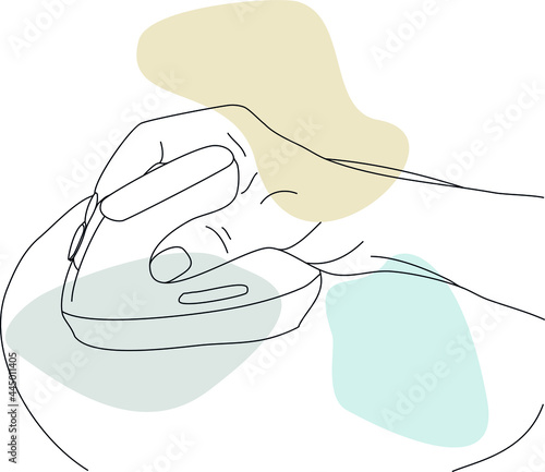 Hand using a vertical computer mouse on the pad. Vector hand-drawn line art with abstract color spots.