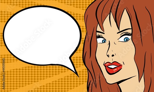 Drawing of the women in retro pop style. There is an empty place for some phrases.