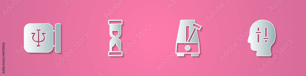Set paper cut Psychology, Psi, Old hourglass, Metronome with pendulum and Solution to the problem icon. Paper art style. Vector Set paper cut Psychology, Psi, Old hourglass, Metronome with pendulum and Solution to the problem icon. Paper art style. Vector
