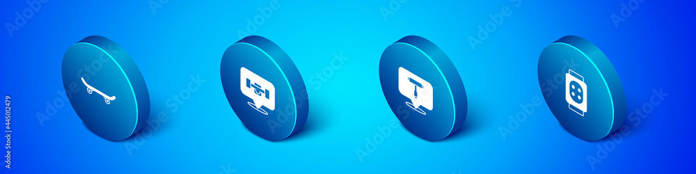Set Isometric Skateboard, T tool, Knee pads and wheel icon. Vector Set Isometric Skateboard, T tool, Knee pads and wheel icon. Vector