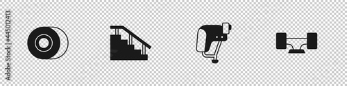 Set Skateboard wheel, stairs with rail, helmet and icon. Vector