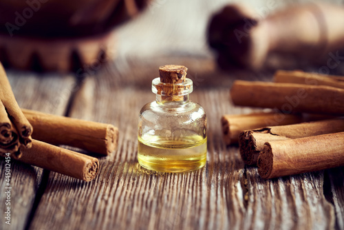A bottle of aromatherapeutic essential oil with Ceylon cinnamon sticks