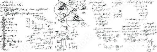 Set of mathematical formulas and solutions to problems and equations. Homework of a student. Vector image of algebra and geometry tasks.