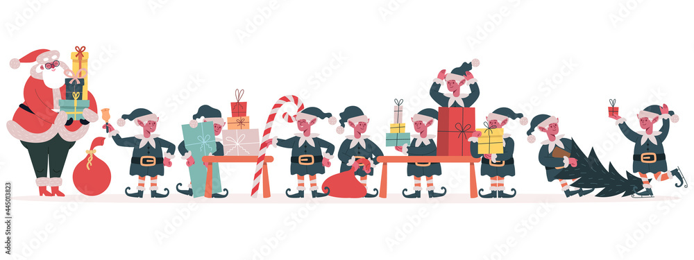Christmas elves factory. Santa Claus and elves pack holiday gifts, Santa helpers making xmas presents vector illustration. Santa Claus elves workshop