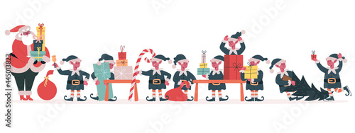 Christmas elves factory. Santa Claus and elves pack holiday gifts, Santa helpers making xmas presents vector illustration. Santa Claus elves workshop