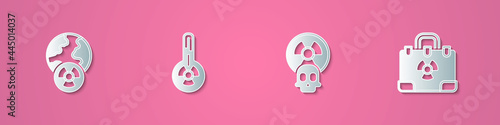 Set paper cut Planet earth and radiation, Meteorology thermometer, Radioactive and Radiation nuclear suitcase icon. Paper art style. Vector