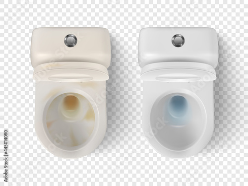 Vector 3d Realistic Clean, Dirty White Ceramic Toilet Set Isolated. Opened Toilet Bowl with Lid. Plumbing, Mockup, Design Template for Interior, Cleaning, Hygiene Concept. Top View
