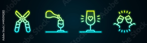 Set line Gardening scissors, Wine tasting, degustation, glass and . Glowing neon icon. Vector