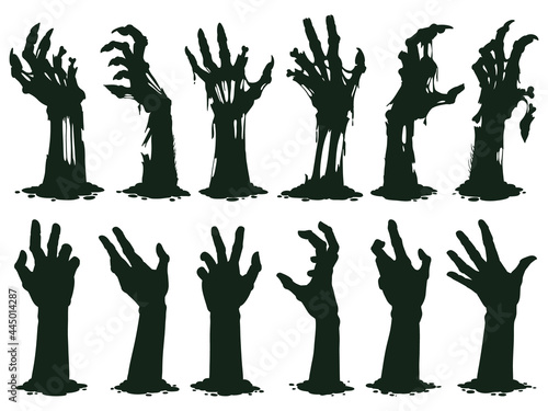 Zombie hands silhouette. Creepy zombie crooked lambs stick out of graveyard ground vector illustration set. Halloween zombie hands photo