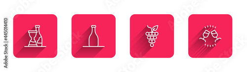 Set line Bottle of wine, , Bunch grapes and Wine tasting, degustation with long shadow. Red square button. Vector
