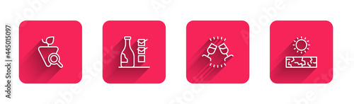 Set line Grapes, Bottle of wine, Wine tasting, degustation and Drought with long shadow. Red square button. Vector