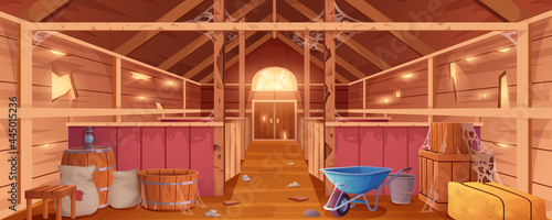 Cartoon abandoned barn interior with spiderweb and destroyed walls. Neglected farm house or wooden empty ranch with stalls, haystacks, sacks and gate. Old countryside storehouse building for animals.
