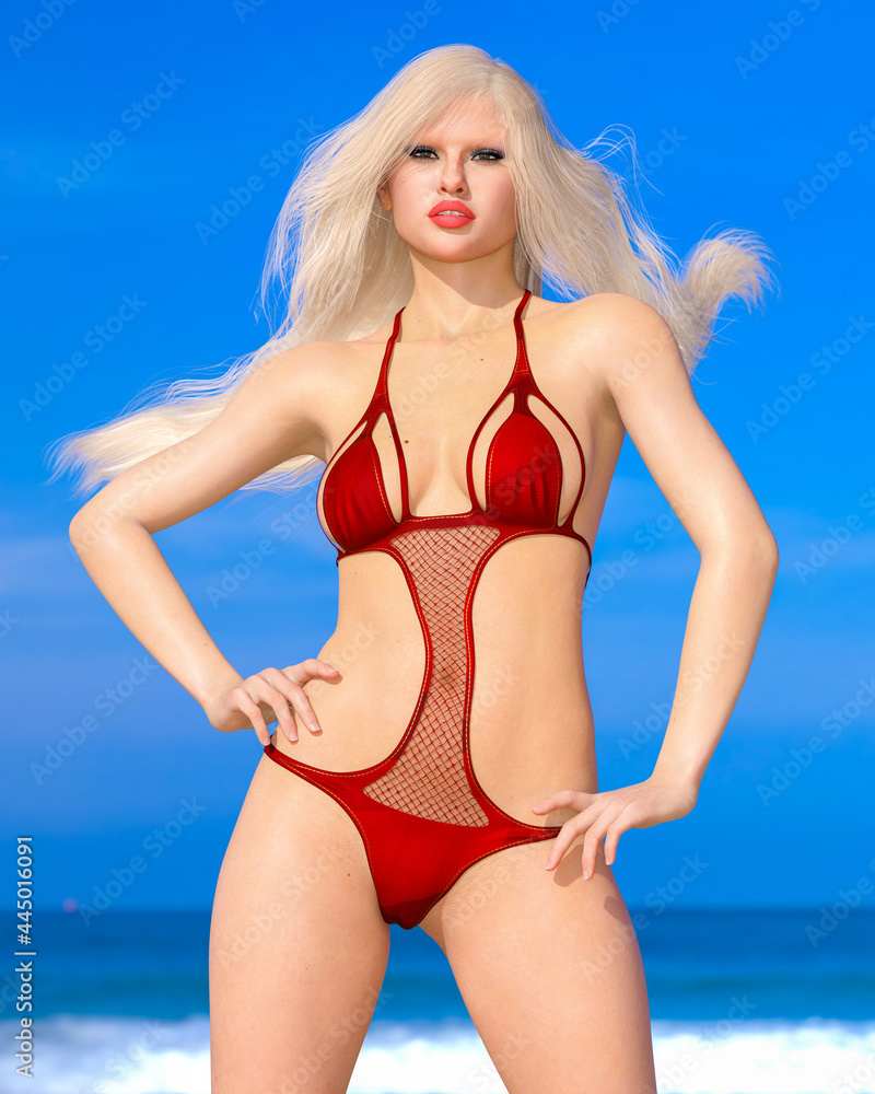 Woman swimsuit on beach.