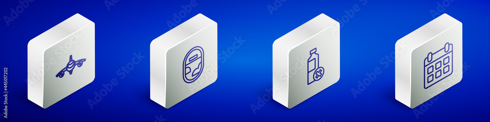 Set Isometric line Plane, Airplane window, No water bottle and Calendar and airplane icon. Vector Set Isometric line Plane, Airplane window, No water bottle and Calendar and airplane icon. Vector
