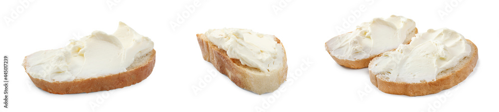 Set of bread with cream cheese on white background. Banner design Set of bread with cream cheese on white background. Banner design